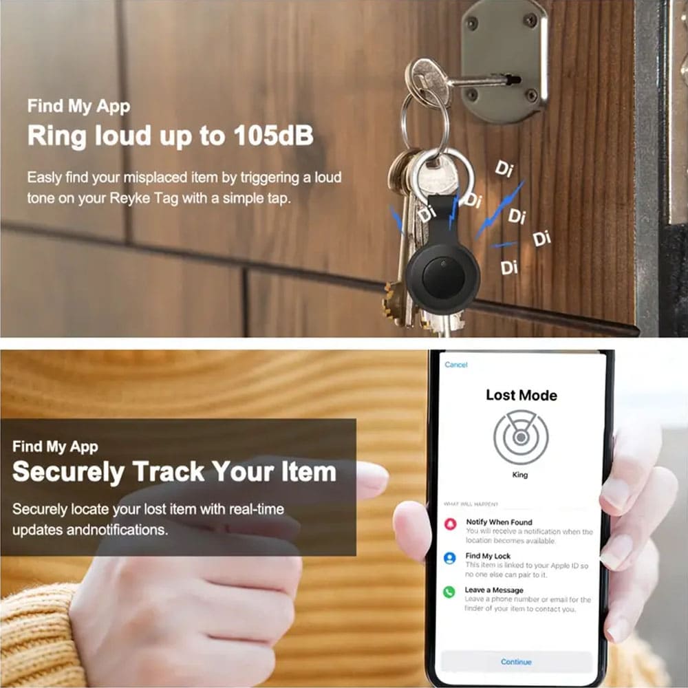 A two-part vertical collage showcasing the functions of a black circular GPS tracker:
Top Panel: Close-up of the tracker attached to keys in a door lock, with "Di Di" sound graphics and text: "Find My App / 105dB Alert / Easily locate your item by triggering a loud tone."
Bottom Panel: A finger pointing with text: "Find My App / Securely Track Your Item," alongside a smartphone screenshot of the "Lost Mode" interface, highlighting real-time tracking and notifications.
This collage emphasizes Item Tracking
