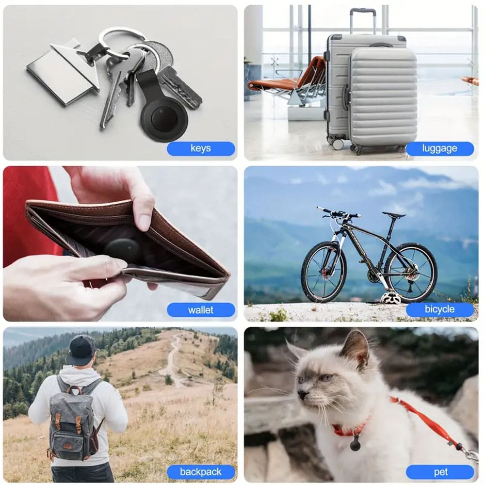 A six-panel collage showcasing the versatile uses of a black circular GPS tracker in everyday scenarios:
1.Keys: Attached to a keychain.
2.Luggage: On a light gray suitcase for baggage tracking.
3.Wallet: Inside a brown leather wallet.
4.Bicycle: On a black mountain bike, highlighting anti-theft use.
5.Backpack: On a hiker's backpack along a trail.
6.Pet: On a white cat's collar as a pet locator.
This series emphasizes the practical uses of a GPS tracker in daily life.