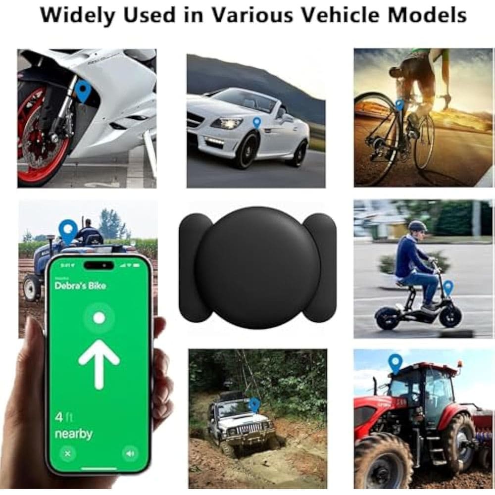 Top Three Panels:
Tracker on a white motorcycle wheel hub.
Tracker on the body of a white sports car.
Tracker on a black bicycle with a rider.
Middle Three Panels:
Hand holding a smartphone showing "Find My" App with "Debra's Bike" and "4 ft nearby."
Close-up of the black GPS tracker with dual magnetic suction cups.
Tracker on an electric scooter.
Bottom Three Panels:
Tracker on a white off-road Jeep in mud.
Tracker on a red agricultural tractor.
Tracker on a blue agricultural tractor.
