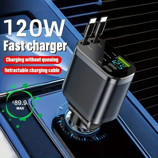 120W Car Charger | Smart Display, 80cm Dual Retractable Cable, Fast Charging for 4 Devices