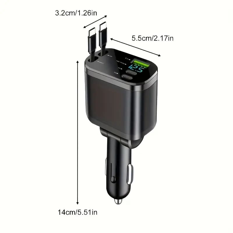 120W Car Charger | Smart Display, 80cm Dual Retractable Cable, Fast Charging for 4 Devices