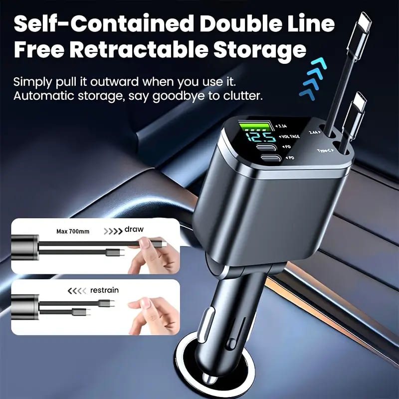 120W Car Charger | Smart Display, 80cm Dual Retractable Cable, Fast Charging for 4 Devices