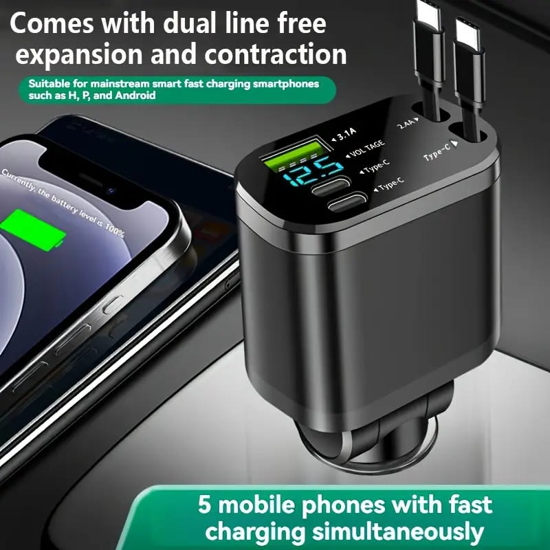 120W Car Charger | Smart Display, 80cm Dual Retractable Cable, Fast Charging for 4 Devices