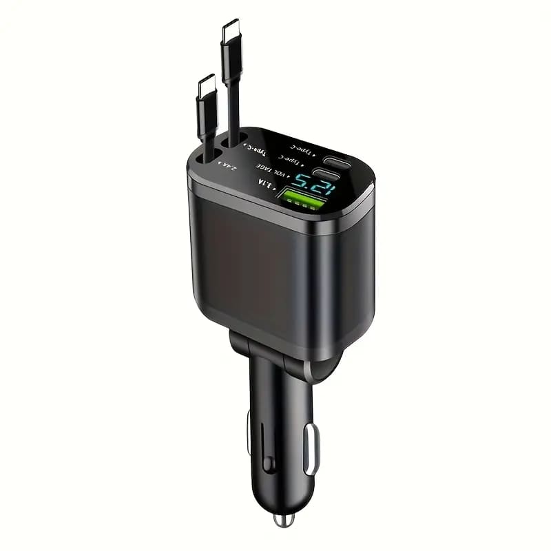 120W Car Charger | Smart Display, 80cm Dual Retractable Cable, Fast Charging for 4 Devices