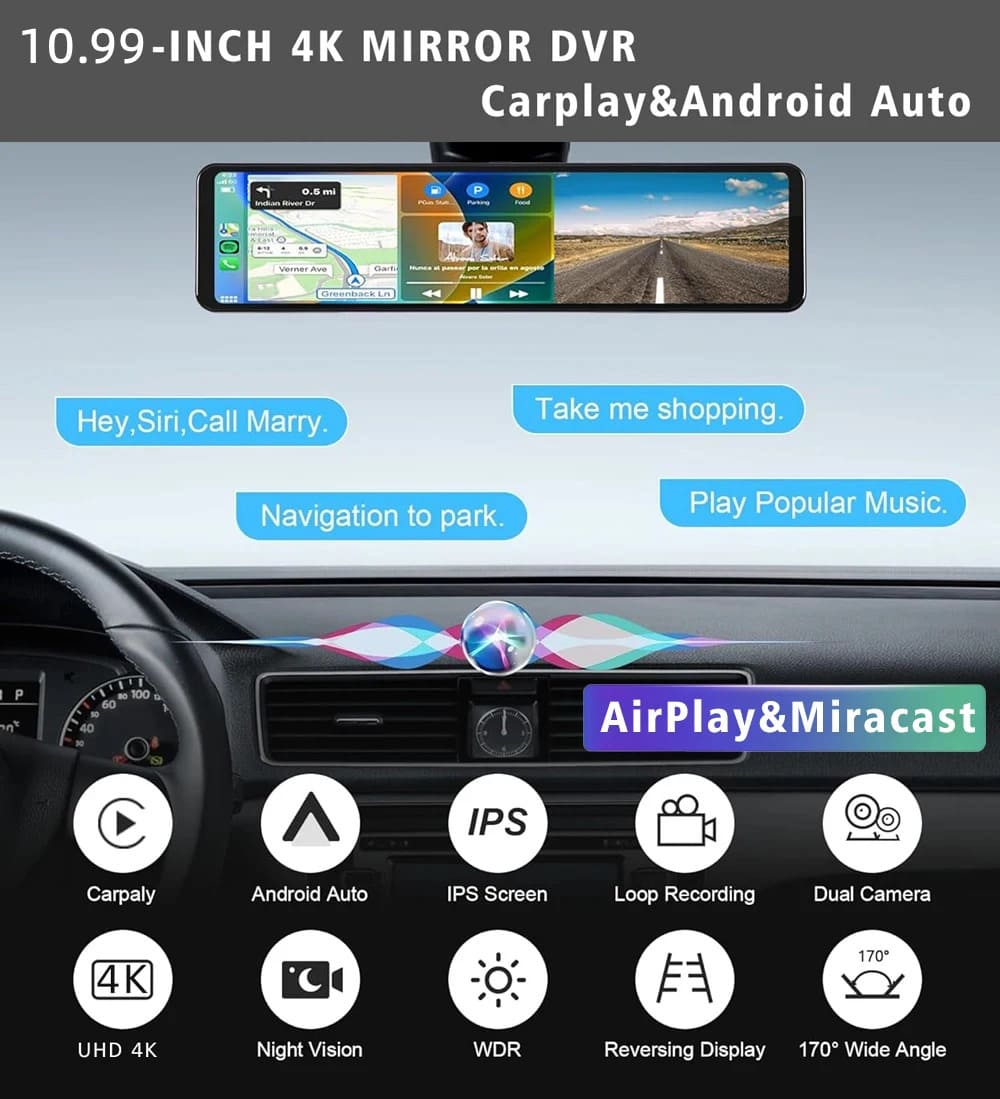 Streaming Media Night Vision Dash Cam | 4K Dual Lens Front and Rear Recording, ADAS, Vehicle Distance Detection, Wi-Fi Connectivity