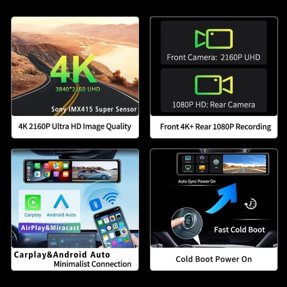 Streaming Media Night Vision Dash Cam | 4K Dual Lens Front and Rear Recording, ADAS, Vehicle Distance Detection, Wi-Fi Connectivity