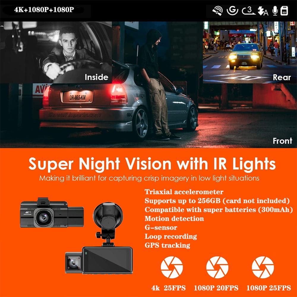 Dynara 4K Dash Cam – 3 Cameras, Night Vision, 256G Storage & Easy Installation