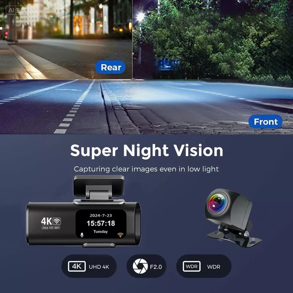 Dynara Best Dual 4K Dash Cam 2025 – WiFi, Front & Rear Cameras