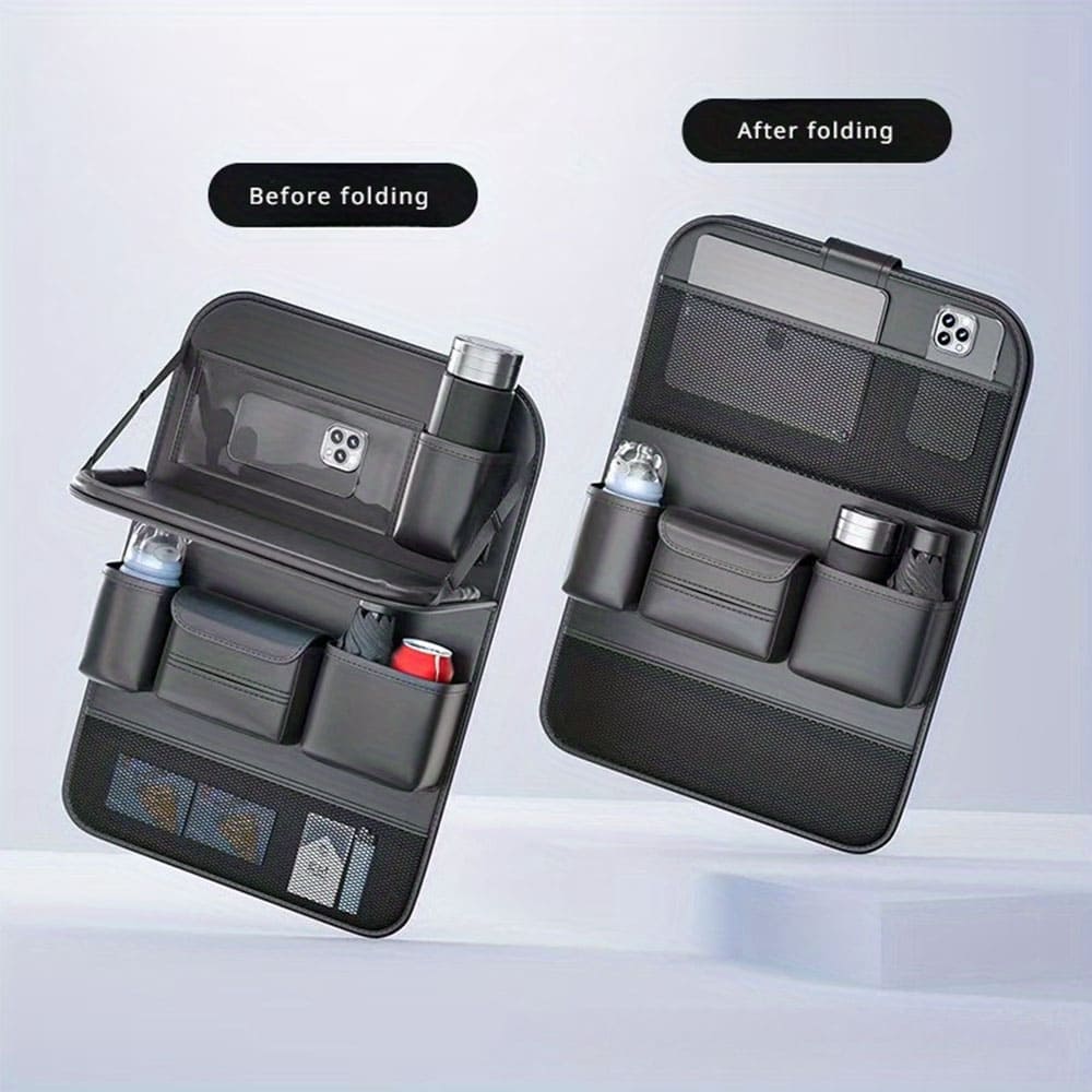 Car Back Seat Organizer – Leather Foldable Tray Design