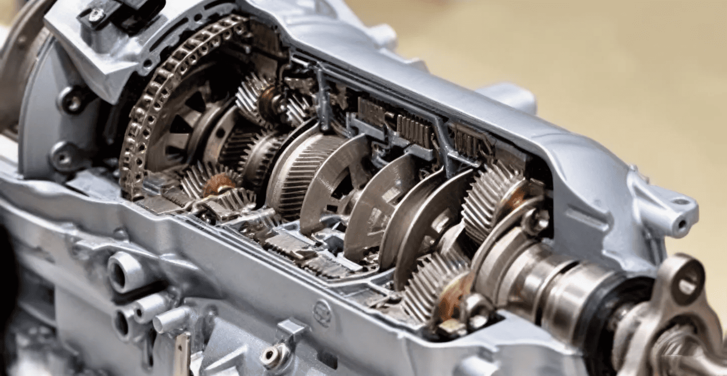 Manual transmission cutaway showing internal gears and shafts