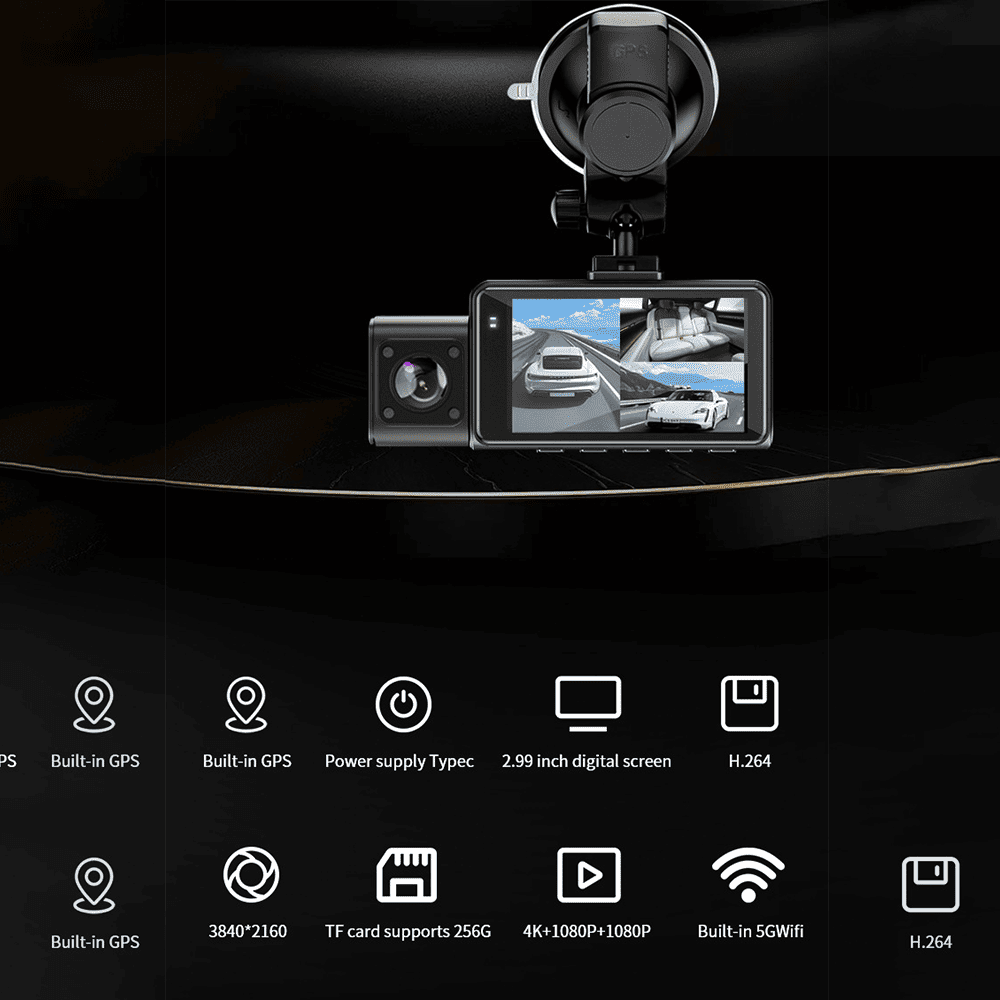 4K 3-Lens Dash Cam with GPS & Night Vision