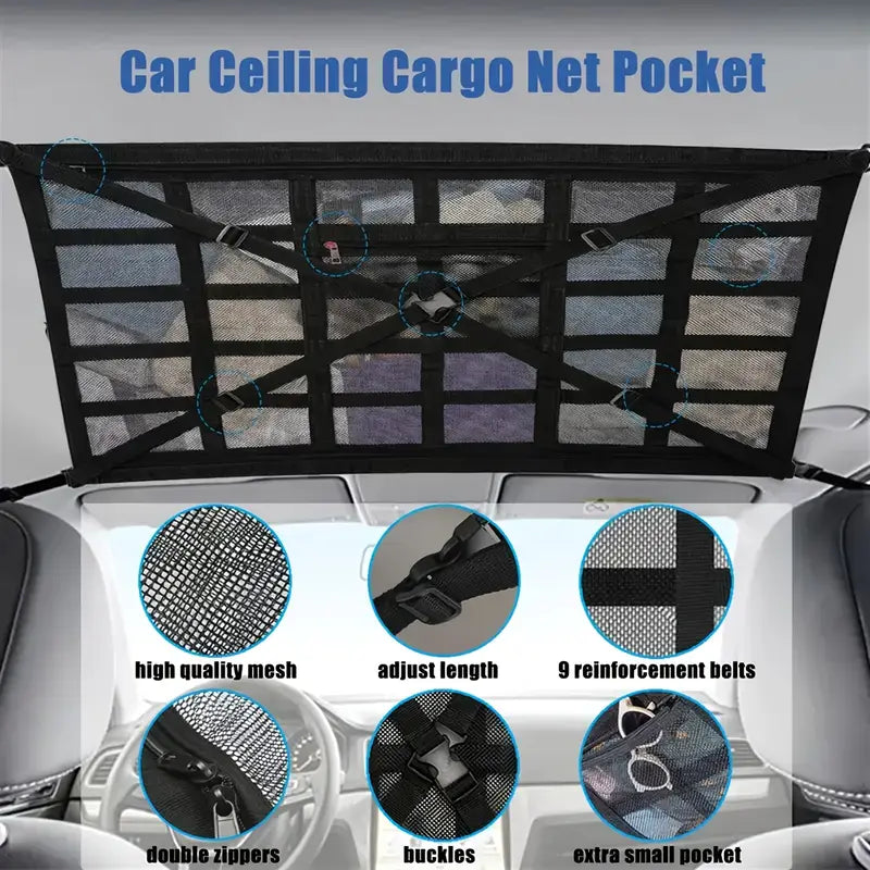 Large Capacity Car Roof Hanging Storage Net | Adjustable Buckles, Dual Zipper & Heavy Duty Cross-Weave | Easy Installation & High Weight Capacity