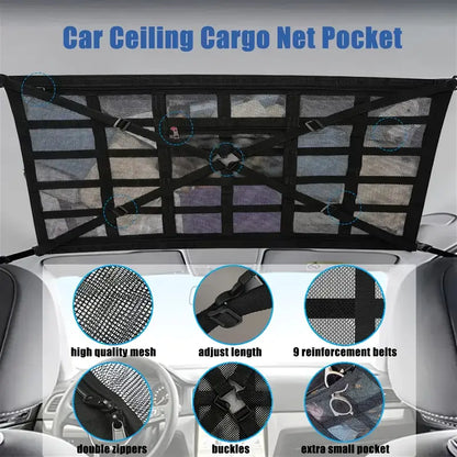 Large Capacity Car Roof Hanging Storage Net | Adjustable Buckles, Dual Zipper & Heavy Duty Cross-Weave | Easy Installation & High Weight Capacity