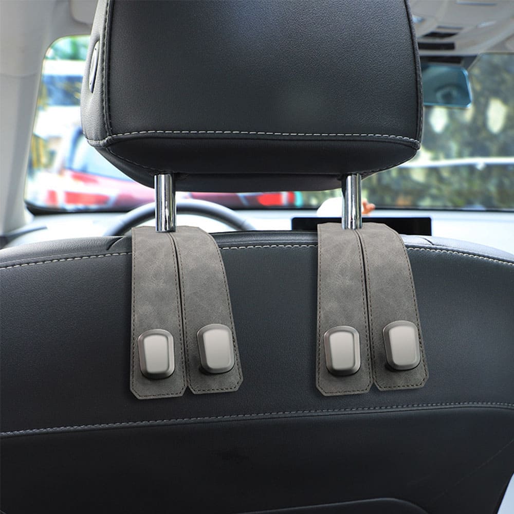 2PC Leather Car Headrest Hooks – Back Seat Hanger & Tablet Holder