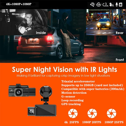 Dynara 4K Dash Cam – 3 Cameras, Night Vision, 256G Storage & Easy Installation