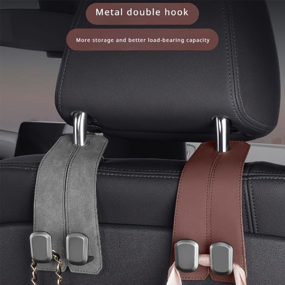 2PC Leather Car Headrest Hooks – Back Seat Hanger & Tablet Holder