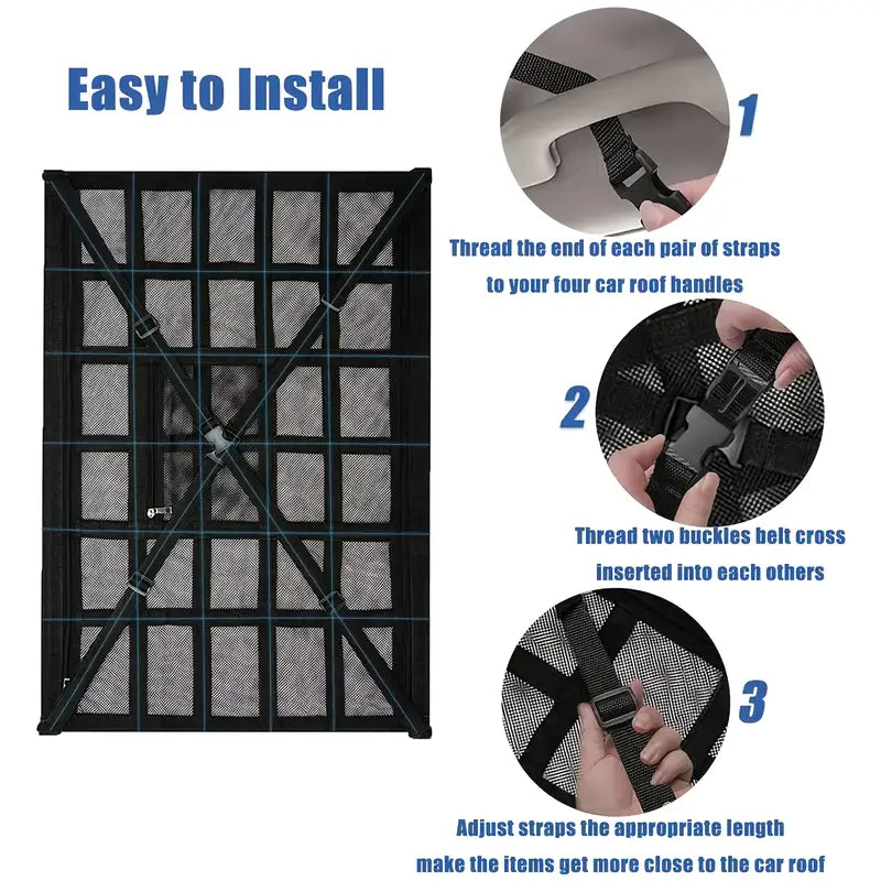 Large Capacity Car Roof Hanging Storage Net | Adjustable Buckles, Dual Zipper & Heavy Duty Cross-Weave | Easy Installation & High Weight Capacity
