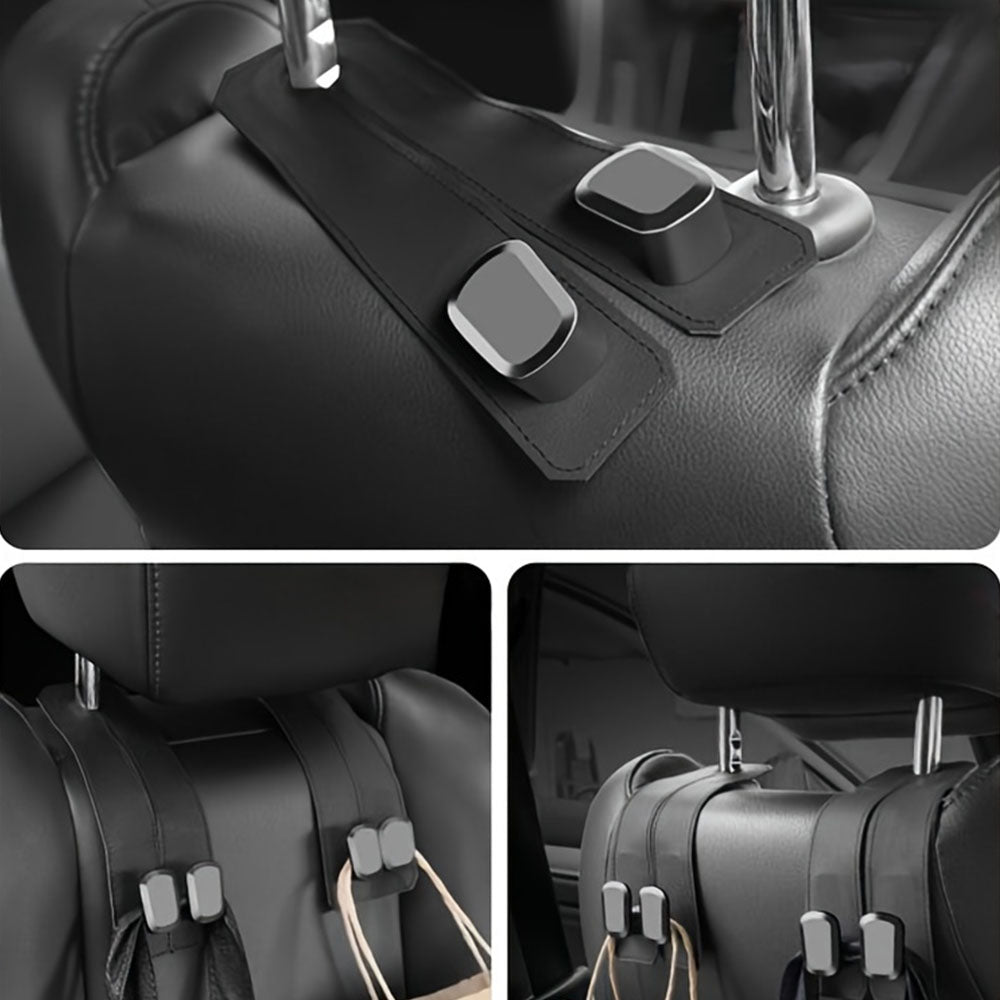 2PC Leather Car Headrest Hooks – Back Seat Hanger & Tablet Holder