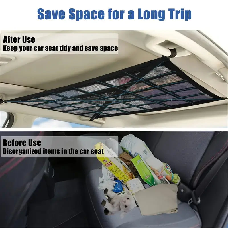 Large Capacity Car Roof Hanging Storage Net | Adjustable Buckles, Dual Zipper & Heavy Duty Cross-Weave | Easy Installation & High Weight Capacity