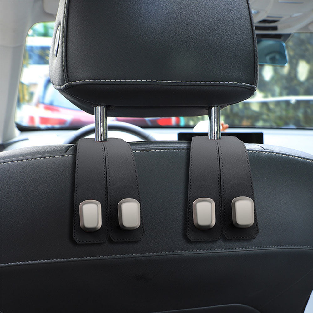 2PC Leather Car Headrest Hooks – Back Seat Hanger & Tablet Holder