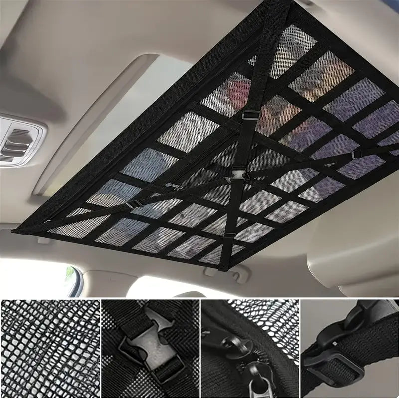 Large Capacity Car Roof Hanging Storage Net | Adjustable Buckles, Dual Zipper & Heavy Duty Cross-Weave | Easy Installation & High Weight Capacity
