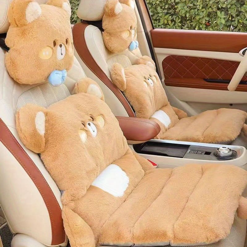 Plush Bear Car Seat Cushion – Cute Fluffy Winter Seat Cover with Soft PP Cotton Filling