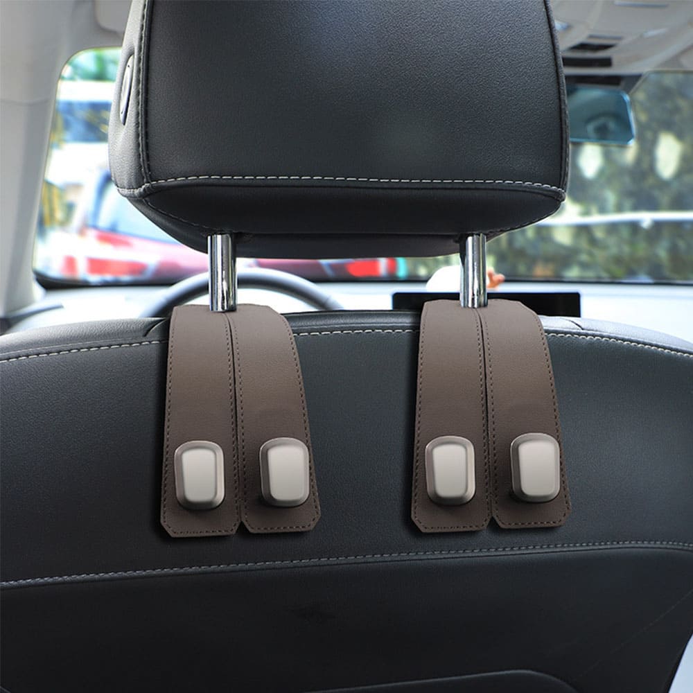 2PC Leather Car Headrest Hooks – Back Seat Hanger & Tablet Holder
