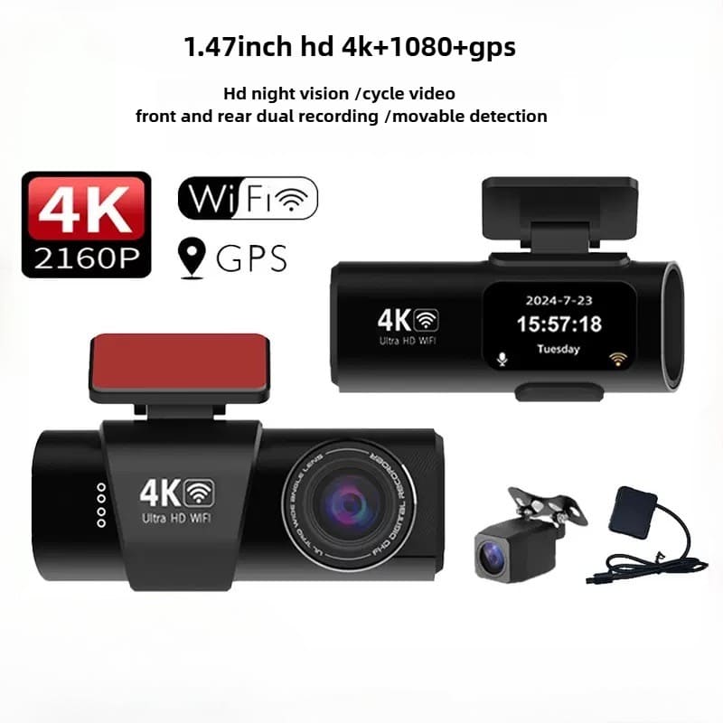 4K HD Car Dash Cam - Front and Rear Dual Recording, Night Vision, Parking Monitor, 1.47-Inch Display
