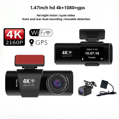 4K HD Car Dash Cam - Front and Rear Dual Recording, Night Vision, Parking Monitor, 1.47-Inch Display
